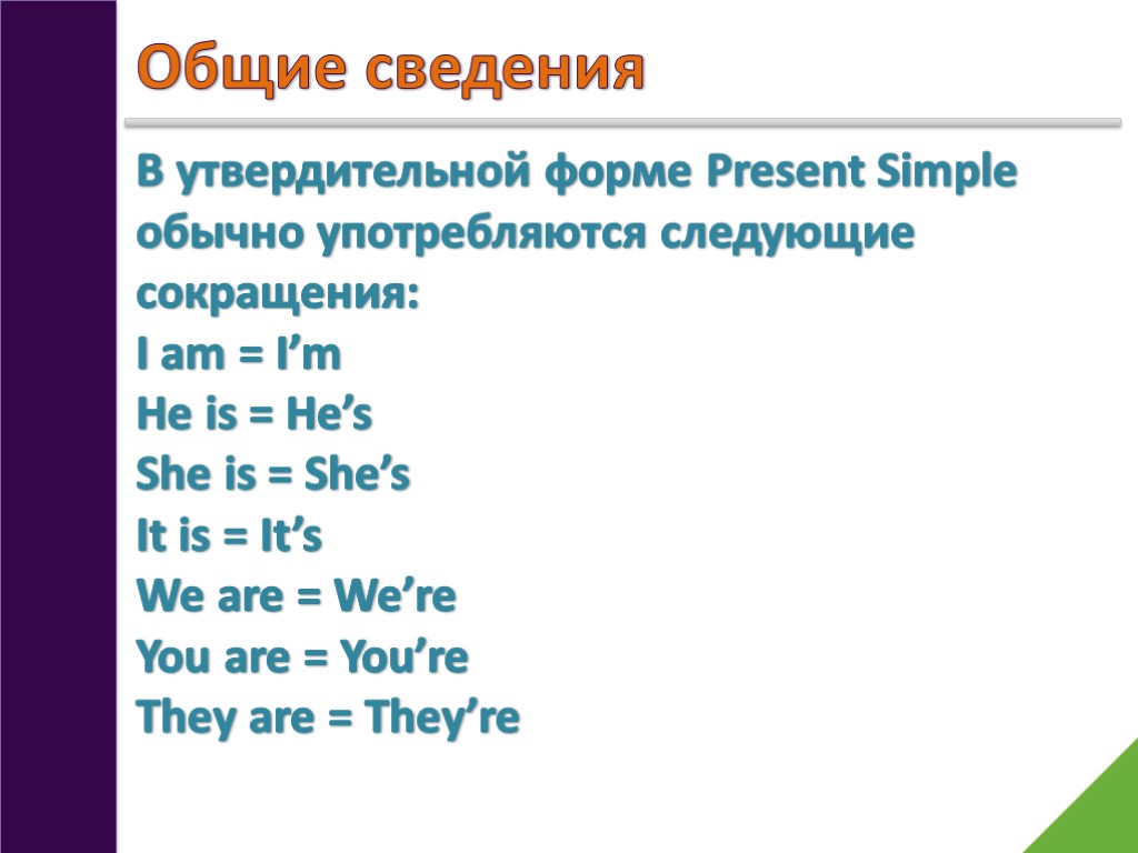 Общие сведения В утвердительной форме Present Simple обычно употребляются следующие сокращения: I am =